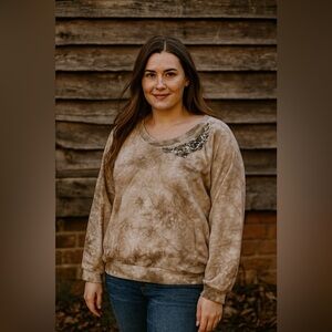 French blue embellished distressed french terry raglan long sleeve sweater